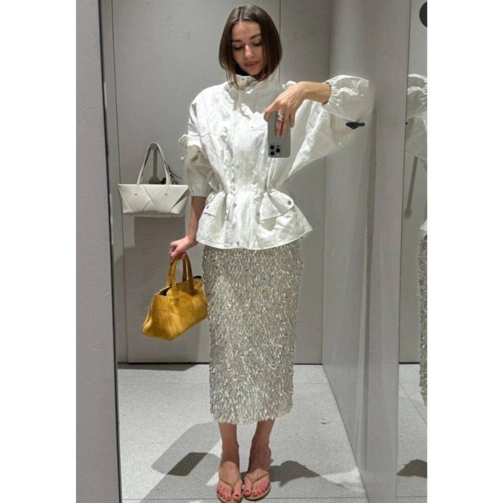 Zara Womens Oversized Jacket M White Drawstring Peplum lightweight 2895/495 NWT
